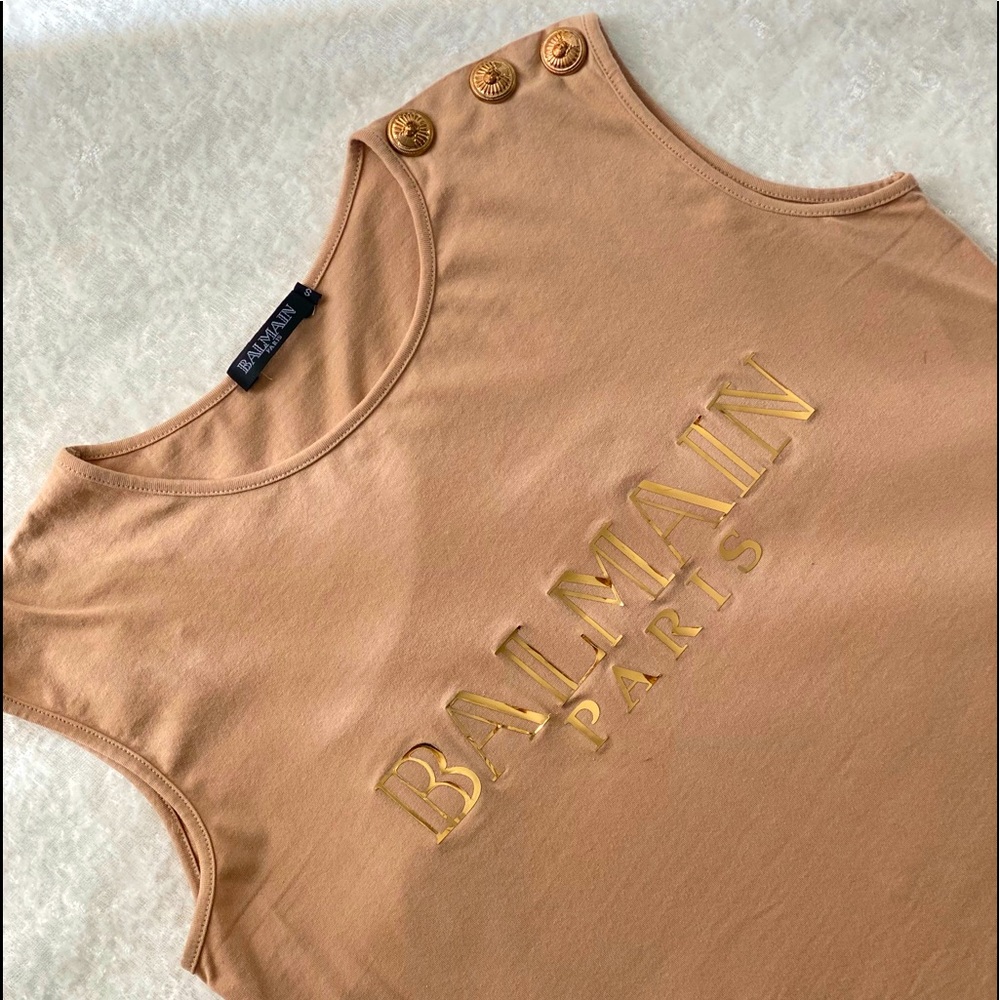 BALMAIN LOGO PRINT COTTON SLEEVELESS T-SHIRT